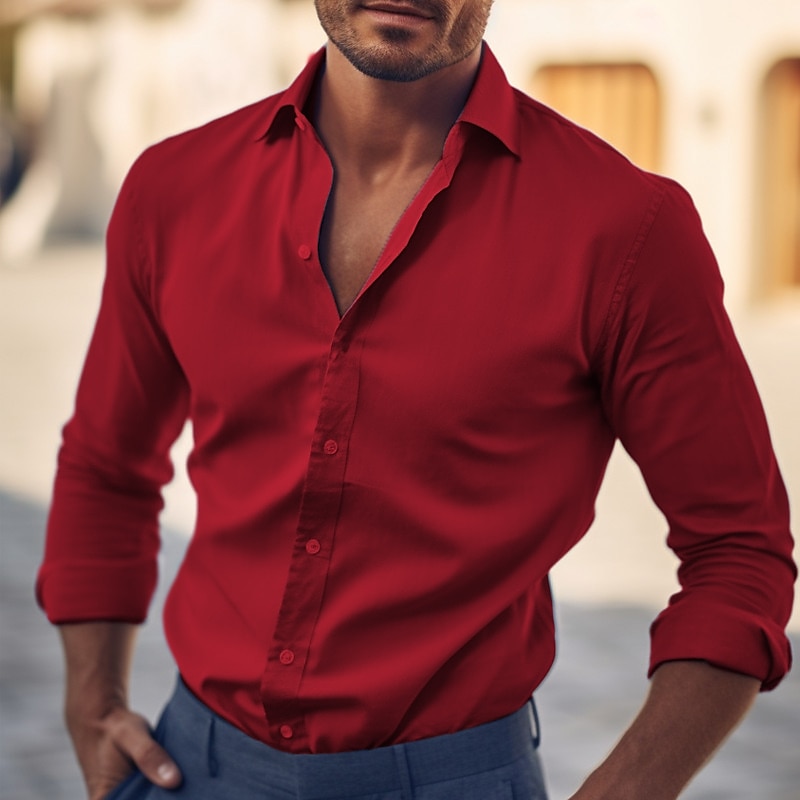 Men's Shirt Dress Shirt Light Blue Black White Long Sleeve Plain Lapel Summer Office & Career Wedding Party Clothing Apparel