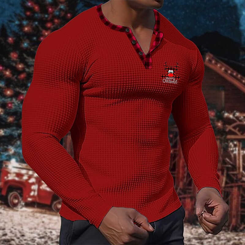 Basic Christmas Men's Henley Shirt Waffle Knit Tee Tee Top Long Sleeve Color Block Henley 
