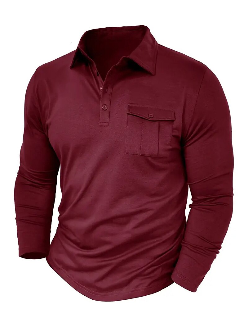 Men's Button Up Casual Sports Lapel Long Sleeve Fashion Basic Plain Button Pocket Spring &  Fall Regular Fit Polo Shirt