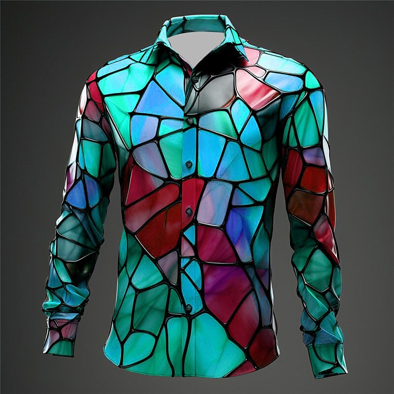 Color Block Colorful Artistic Abstract Men's Shirt Daily Wear Going out Fall & Winter Turndown Long Sleeve Blue, Orange, Green S, M, L 4-Way Stretch Fabric Shirt