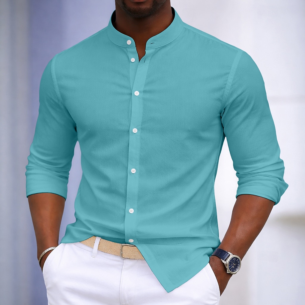 Men's Shirt Dress Shirt Button Up Shirt 100% Cotton Plain Daily Business Light Blue Black White Army Green Long Sleeve Grandad Collar All Seasons Clothing Apparel