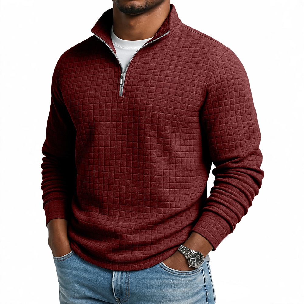 Men's Waffle Tee T Shirt Quarter Zip Tee Long Sleeve Stand Collar Fall Winter Spring &  Fall Solid Color Knitwear Daily Casual Crewneck Outdoor Causal Casual Navy Black White Top Tee for Men