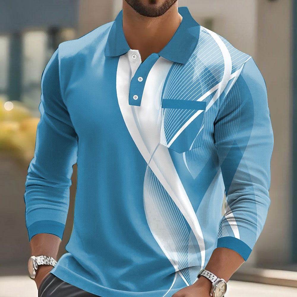 Men's Geometric Line Polo Long Sleeve Polo Shirts Collared Shirts Business Casual Business Athleisure Daily Wear Pocket 3D Print Buttons Spring Fall Winter Black Blue Sky Blue