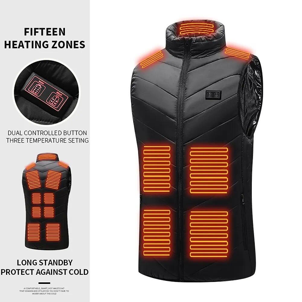15 Places Heated Vest Men Women Usb Heated Jacket Heating Vest Thermal Clothing Hunting Vest Winter Heating Jacket Black M-6XL（Power bank not included）