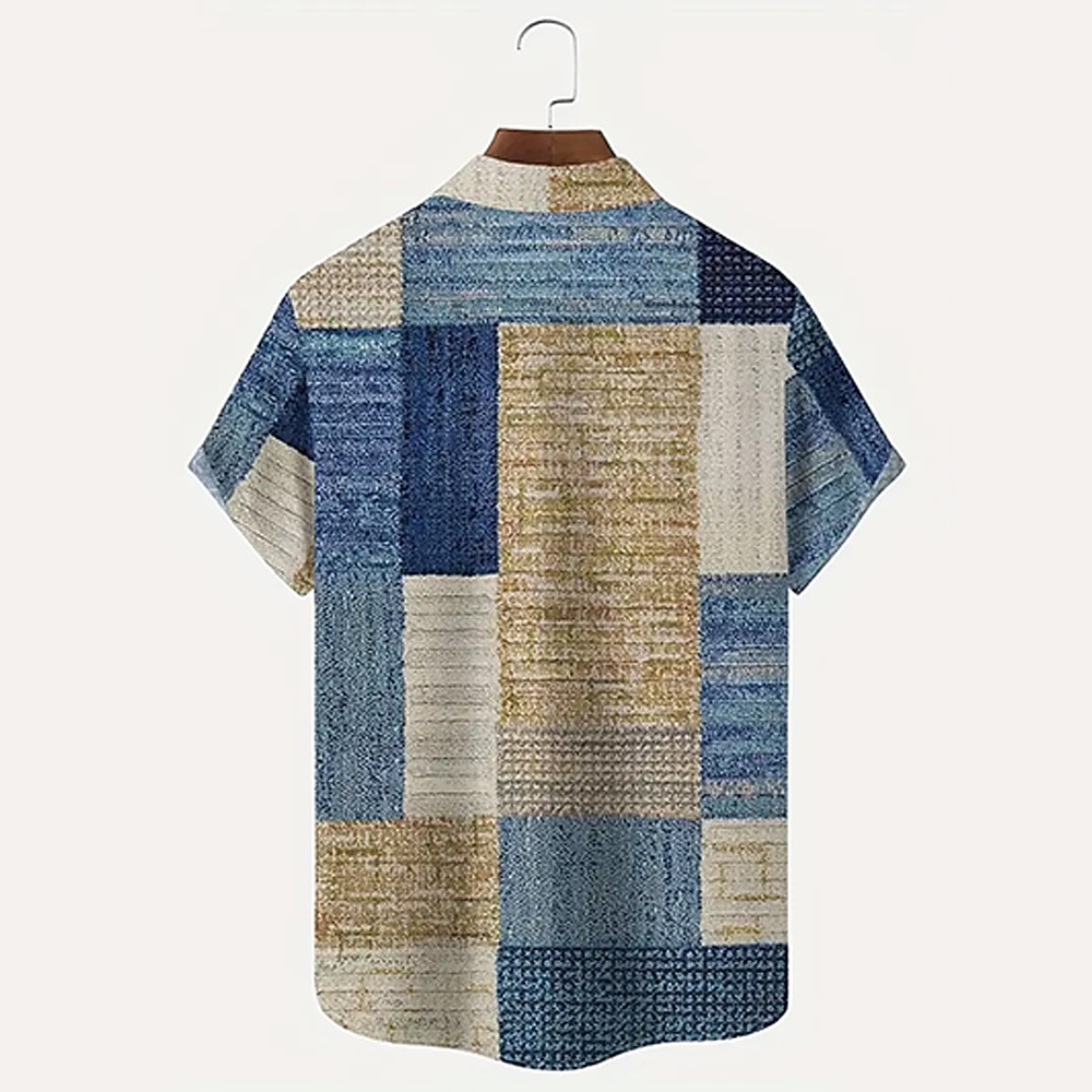 Men's Geometric Color Block Patchwork Shirt Button Up Shirt Short Sleeve Fashion Casual Vacation Holiday Streetwear Summer Turndown 3D Print Collared Shirts Front One Pocket Dark Yellow Blue Brown