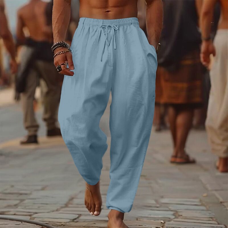 Men's Linen Pants Trousers Summer Pants Baggy Pants Beach Pants Drawstring Elastic Waist Wide Leg Plain Comfort Breathable Full Length Outdoor Casual Holiday Fashion Retro Vintage Black White