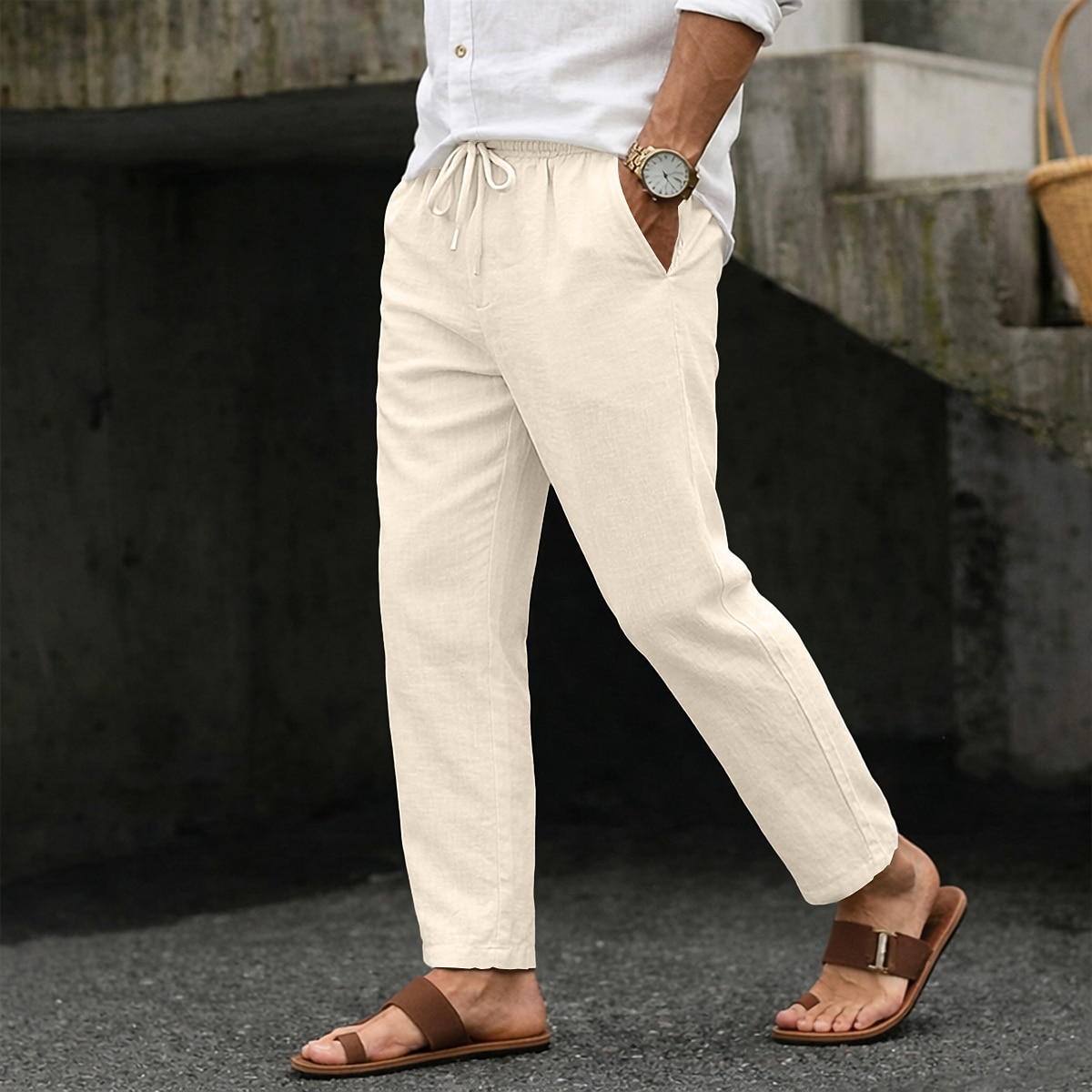 Men's Summer Pants Beach Pants Drawstring Pocket Elastic Waist Plain Comfort Breathable Full Length Daily Beach Vacation Vacation Hawaiian Blue Black Inelastic