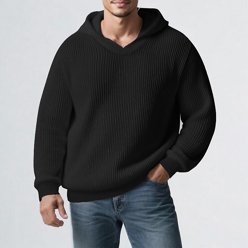 Men's Pullover Sweater Jumper Knit Sweater Ribbed Knit Regular Tops Knitted Plain Hooded Fashion Basic Vacation Daily Wear Clothing Apparel Fall & Winter Black Khaki M L XL