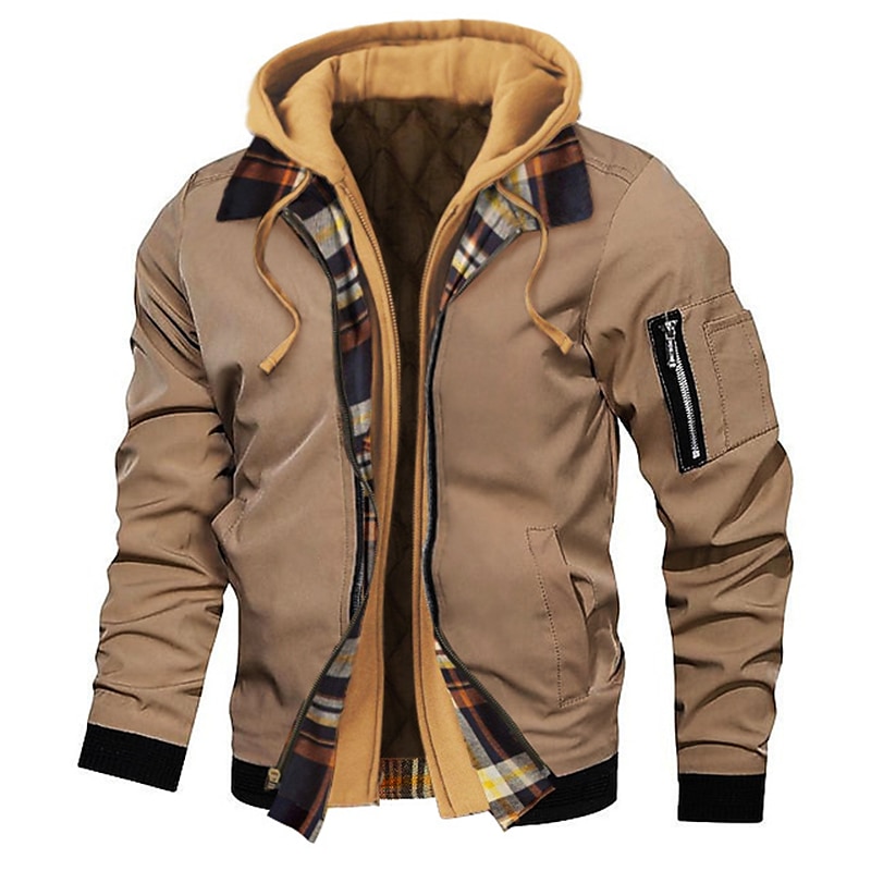 Men's Bomber Jacket Hoodie Jacket Outdoor Daily Wear Warm Fall Winter Plaid Plain Fashion Streetwear Hooded Regular Black Gold Black Wine Dark Red Red Jacket