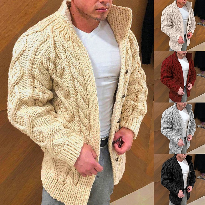 Men's Cable Knit Jumper Sweater Cardigan Sweater Cable Knit Regular Tops Knitted Plain Standing Collar Modern Contemporary Casual Casual Holiday Clothing Apparel Spring Fall & Winter Wine Red Black M