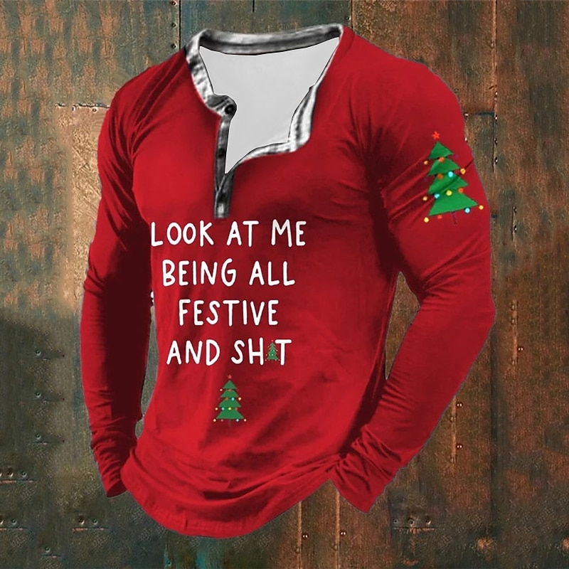 Men's Graphic Letter Christmas Tree Print Henley Shirt Christmas T shirt Long Sleeve Henley Shirt