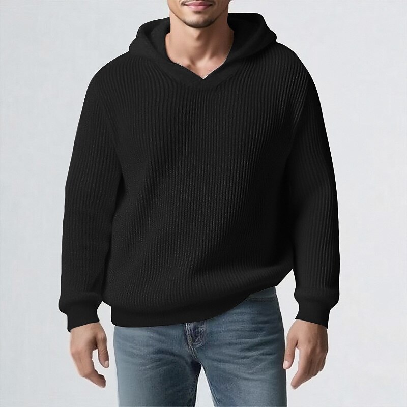 Men's Pullover Sweater Jumper Knit Sweater Ribbed Knit Regular Tops Knitted Plain Hooded Fashion Basic Vacation Daily Wear Clothing Apparel Fall & Winter Black Khaki M L XL