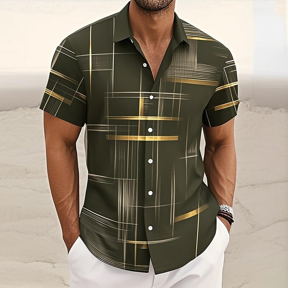 Men's Geometric Grid / Plaid Shirt Button Up Shirt Short Sleeve Fashion Casual Outdoor Vacation Streetwear Summer Spring Turndown 3D Print Collared Shirts Black Pink Army Green Blue Green