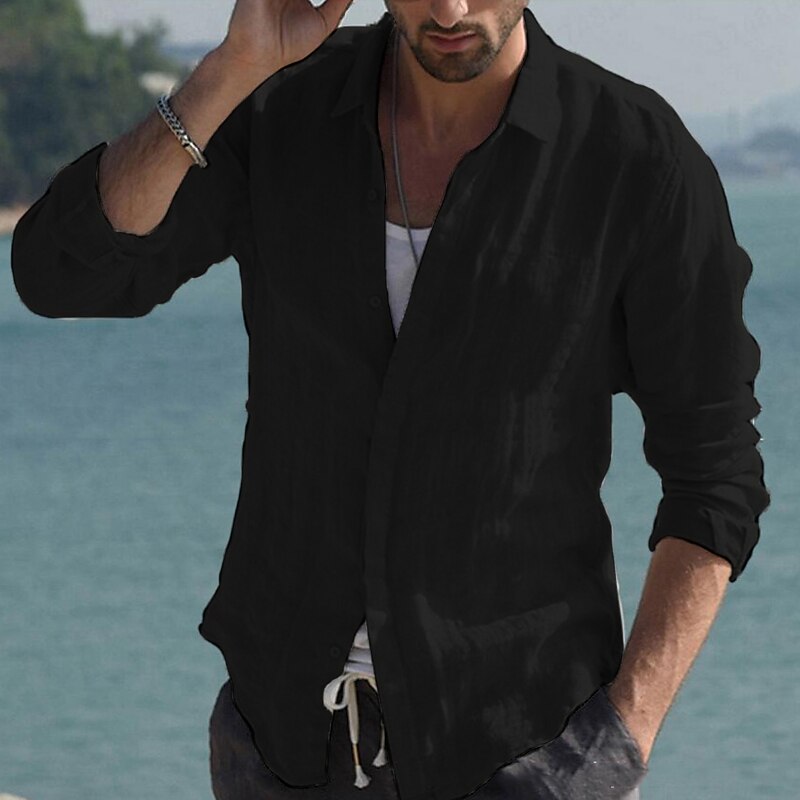 Men's Shirt Linen Shirt Summer Shirt Beach Shirt Black White Pink Long Sleeve Solid Color Collar Spring & Summer Casual Daily Clothing Apparel Button-Down