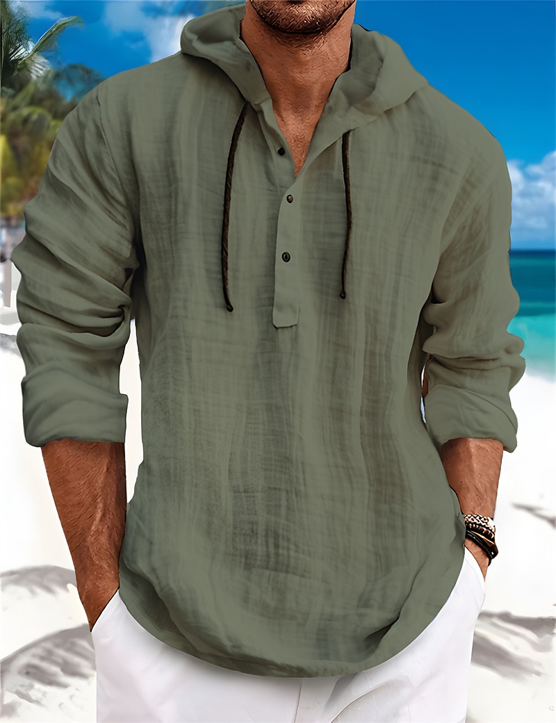 Men's Summer Beach Long Sleeve Plain Hooded Spring & Summer Casual Daily Clothing Apparel Linen Shirt