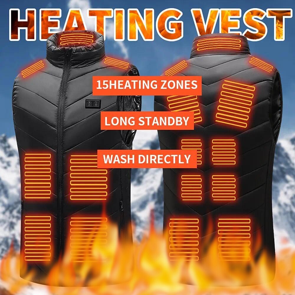 15 Places Heated Vest Men Women Usb Heated Jacket Heating Vest Thermal Clothing Hunting Vest Winter Heating Jacket Black M-6XL（Power bank not included）
