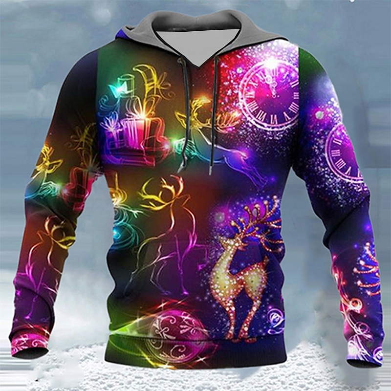 Graphic Elk Fashion Daily Basic Men's 3D Print Hoodie Pullover Christmas Sports Outdoor Holiday Hoodies Purple Hooded Print Front Pocket Spring &  Fall Designer