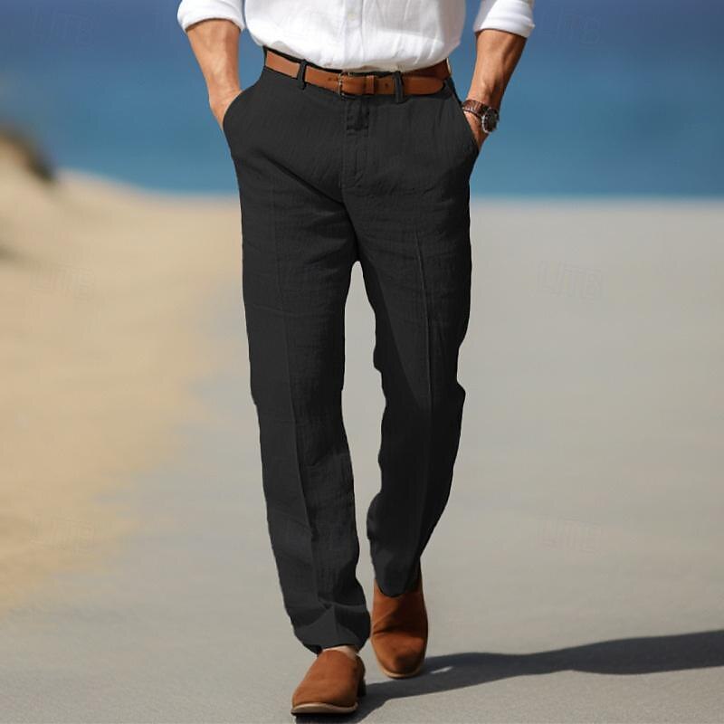 Men's Dress Pants Linen Pants Trousers Summer Pants Beach Pants Front Pocket Straight Leg Plain Comfort Breathable Formal Business Holiday Fashion Basic Black White