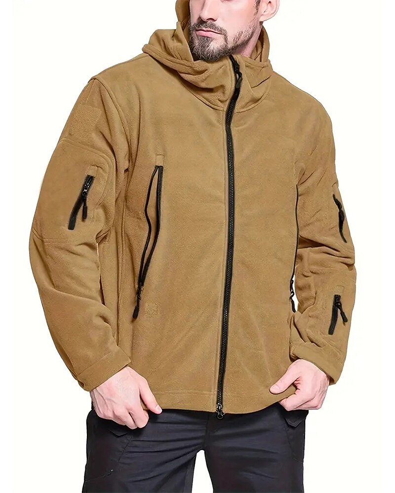 Men's Fleece Jacket Military Jacket Tactical Jacket Daily Vacation Thermal Warm Pocket Fleece Fall & Winter Plain Fashion Streetwear Hooded Regular Black Khaki Army Green Gray Jacket