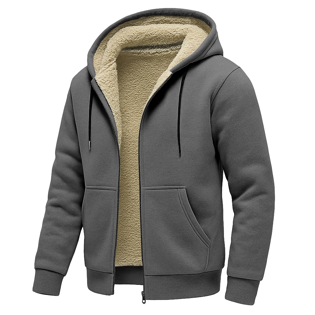 Men's Hoodie Full Zip Hoodie Fleece Hoodie Fleece lined Hoodie Black Light Grey Dark Gray Hooded Plain Casual Daily Sports & Outdoor Polyester Streetwear Cool Sportswear Fall Winter Clothing Apparel