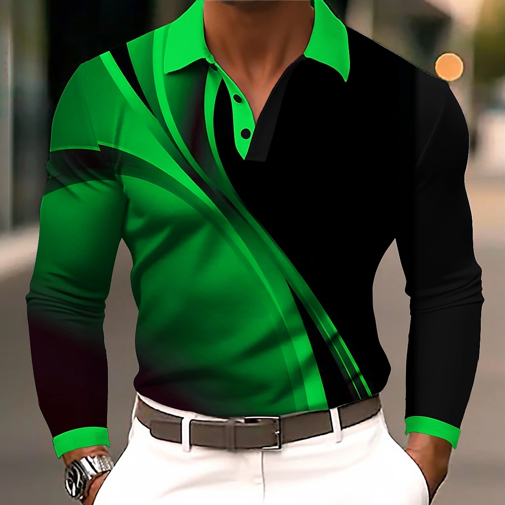 Men's Geometic Line Polo Long Sleeve Polo Shirts Lapel Business Casual Athleisure Daily Wear 3D Print Buttons Spring Fall Winter Blue Purple Orange