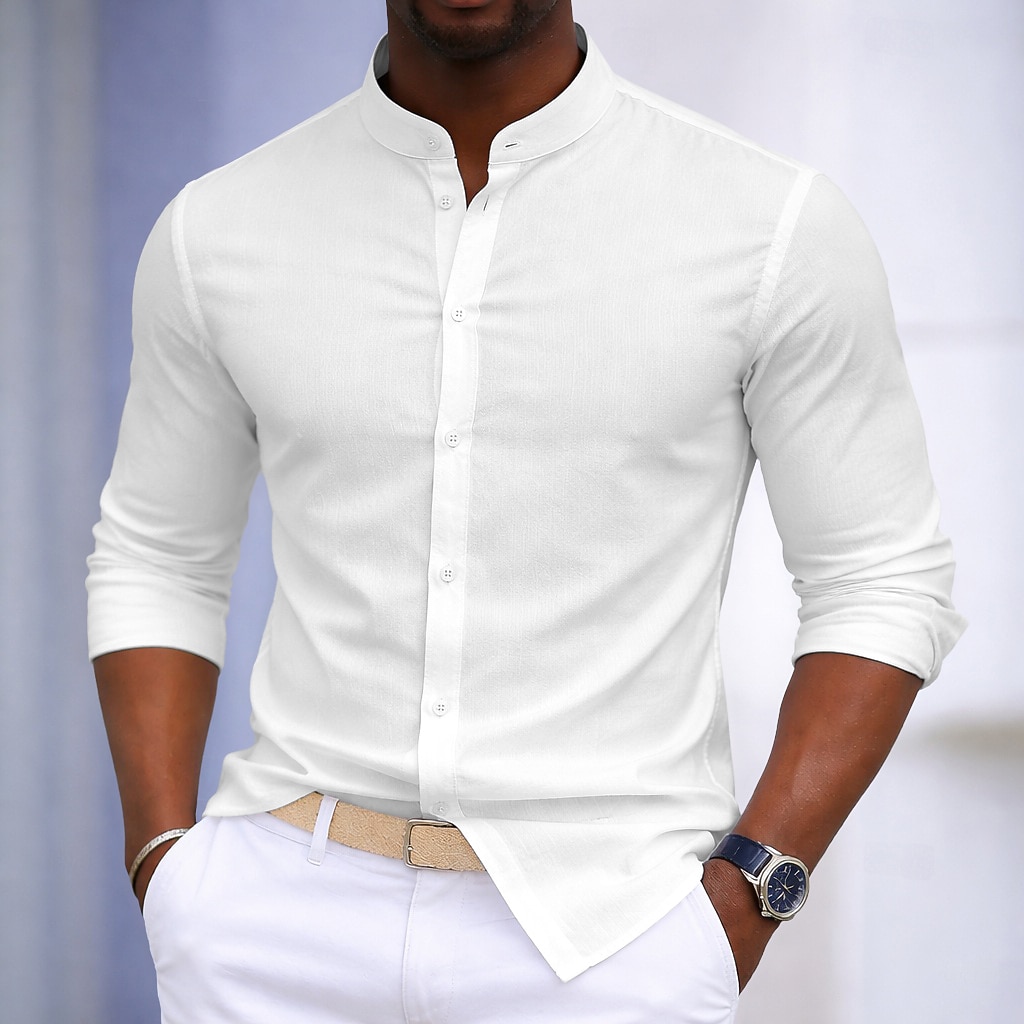 Men's Shirt Dress Shirt Button Up Shirt 100% Cotton Plain Daily Business Light Blue Black White Army Green Long Sleeve Grandad Collar All Seasons Clothing Apparel