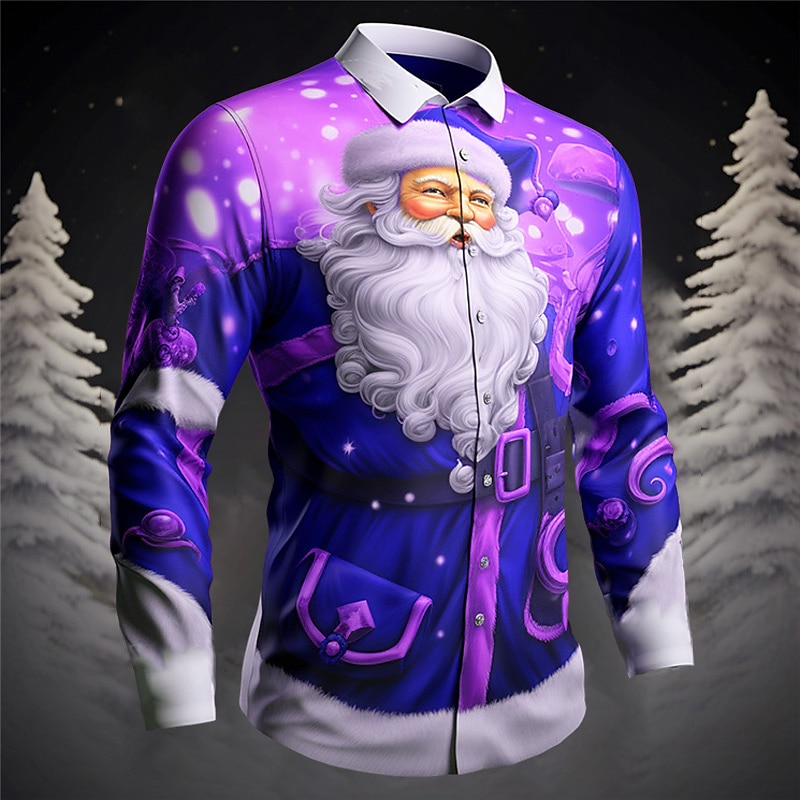 Santa Claus Casual Men's Shirt Outdoor Christmas Street Fall & Winter Turndown Long Sleeve White Yellow Pink S M L Shirt