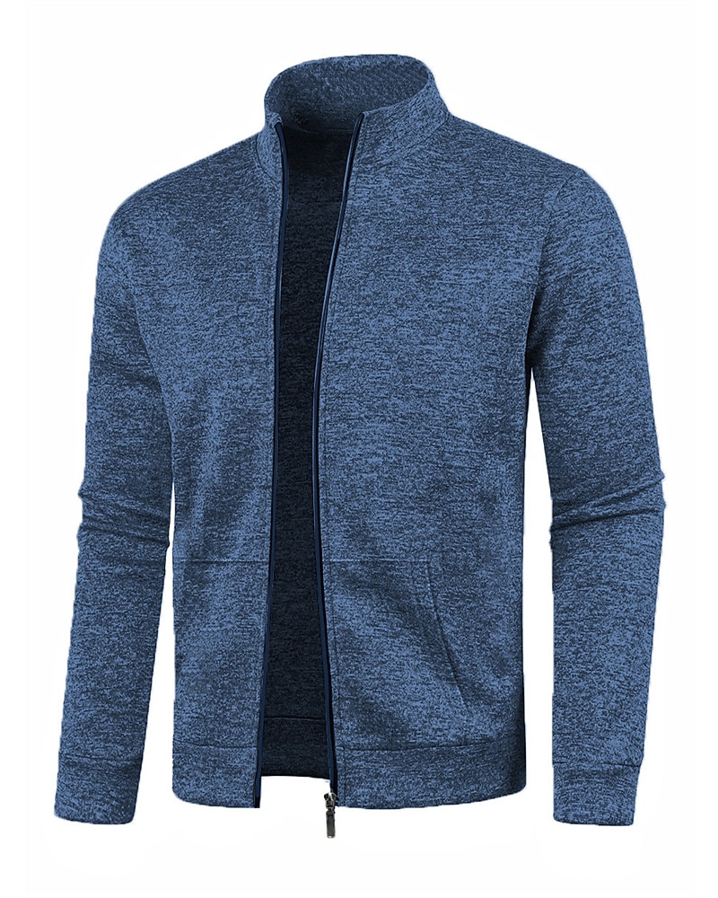 Men's Casual Jacket Sweater Coat Vacation Daily Warm Pocket Fall Winter Plain Fashion Classic Stand Collar Regular Black Navy Blue Blue Gray Jacket