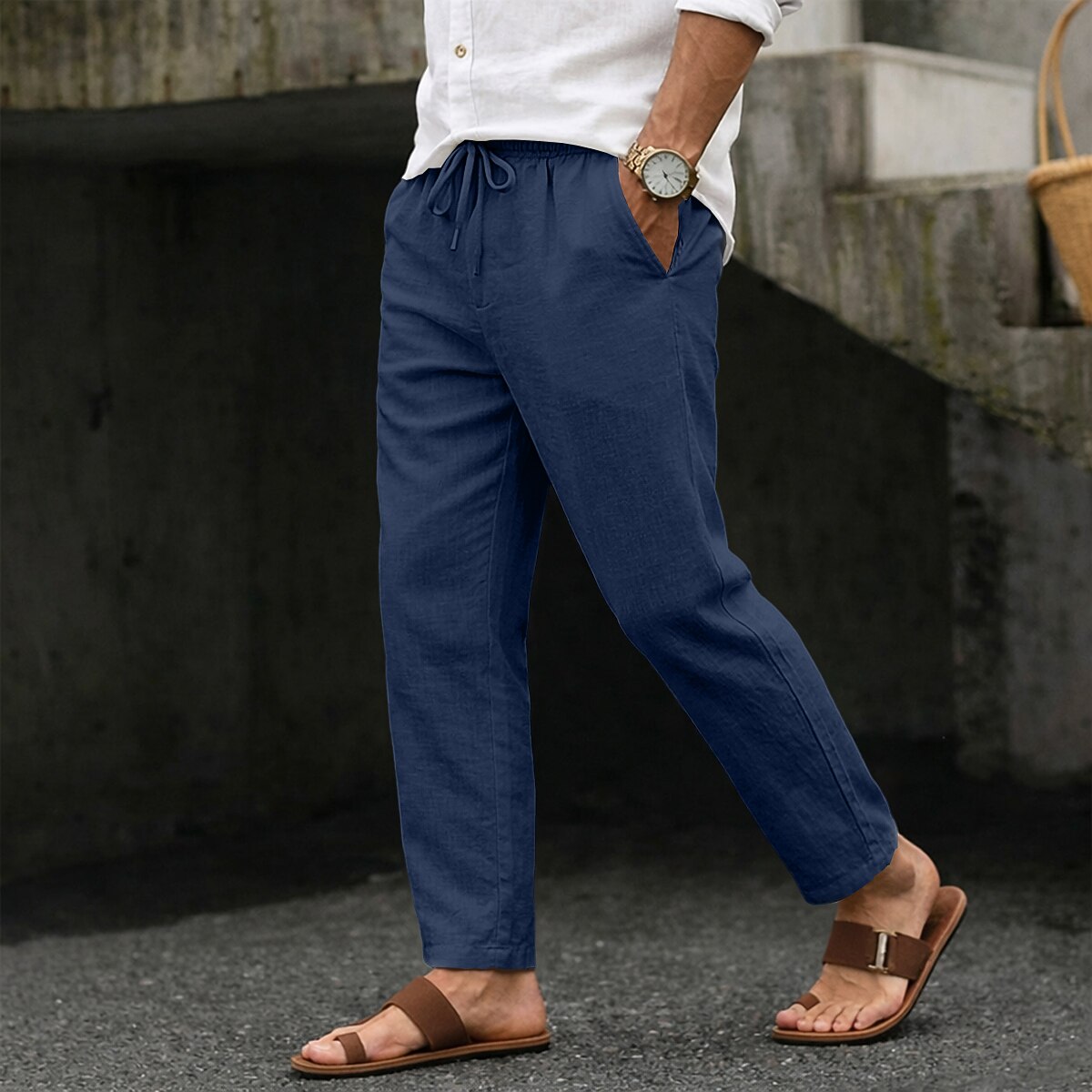 Men's Summer Pants Beach Pants Drawstring Pocket Elastic Waist Plain Comfort Breathable Full Length Daily Beach Vacation Vacation Hawaiian Blue Black Inelastic