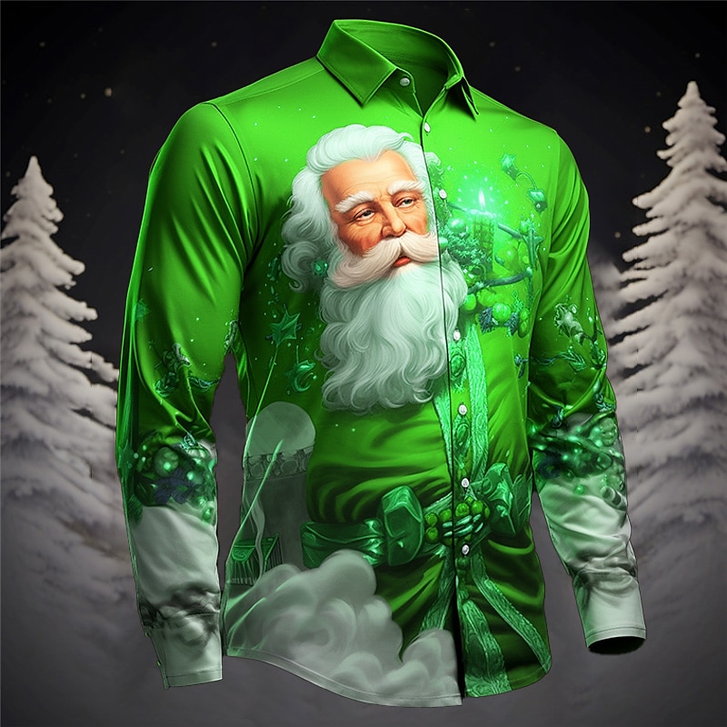 Santa Claus Casual Men's Shirt Outdoor Christmas Street Fall & Winter Turndown Long Sleeve White Yellow Pink S M L Shirt