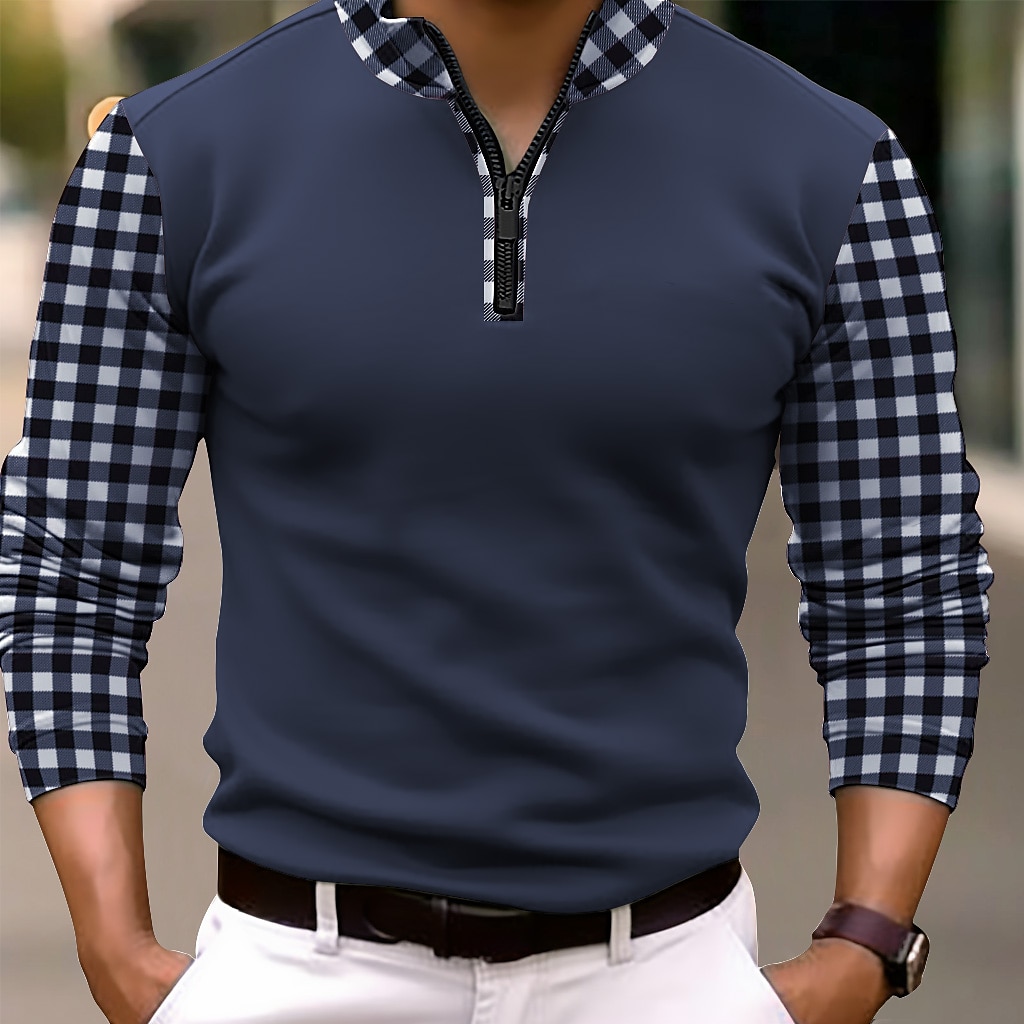 Men's Polo Shirt Quarter Zip Polo Work Daily Wear Lapel Long Sleeve Fashion Comfortable Color Block Plaid / Check Zip Up Spring &  Fall Regular Fit Black Navy Blue Orange Polo Shirt