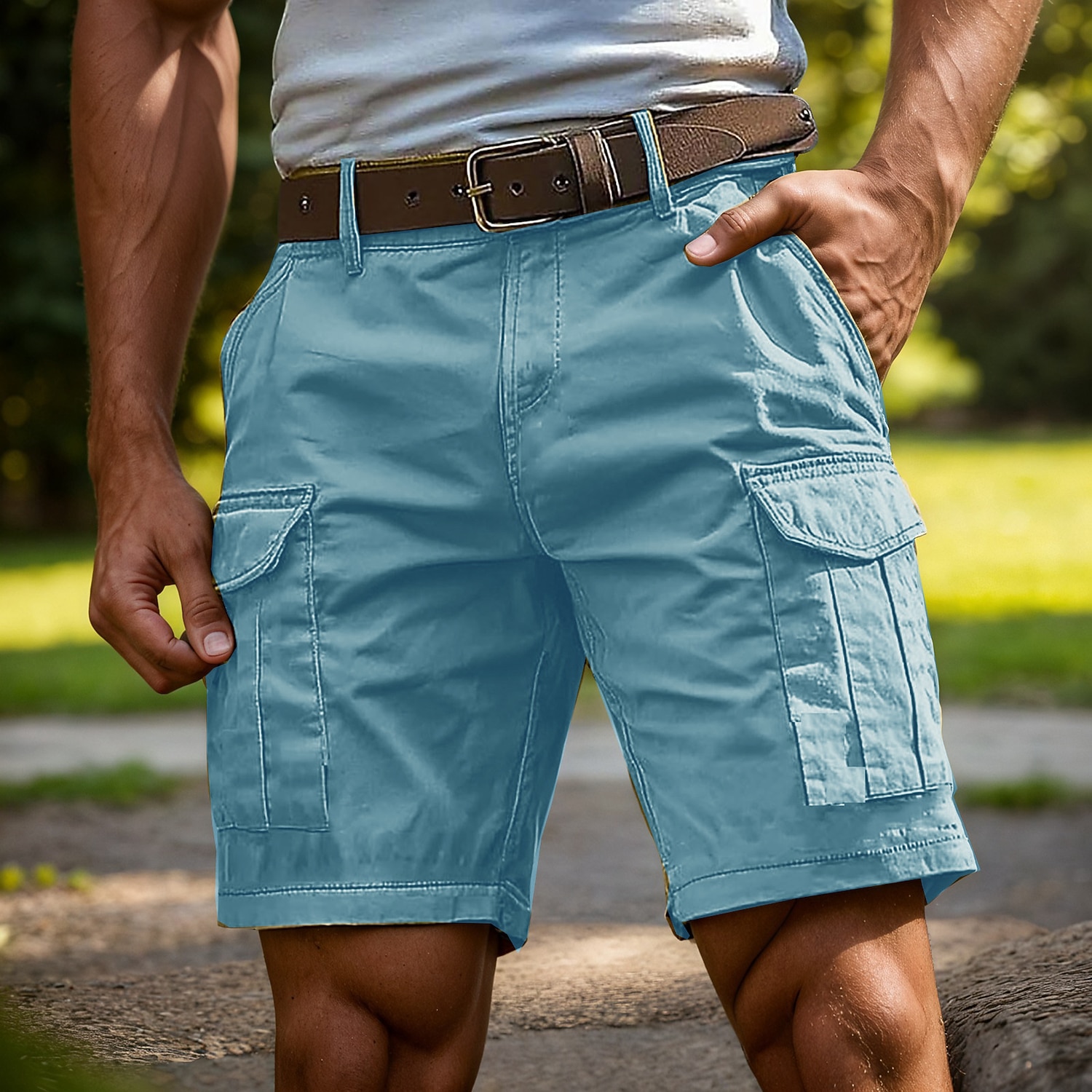 Men's Tactical Cargo Cargo Shorts Shorts Casual Shorts Pocket Elastic Waist Multiple Pockets Plain Solid Knee Length Casual Outdoor Streetwear Fashion Streetwear Blue Lake blue Inelastic