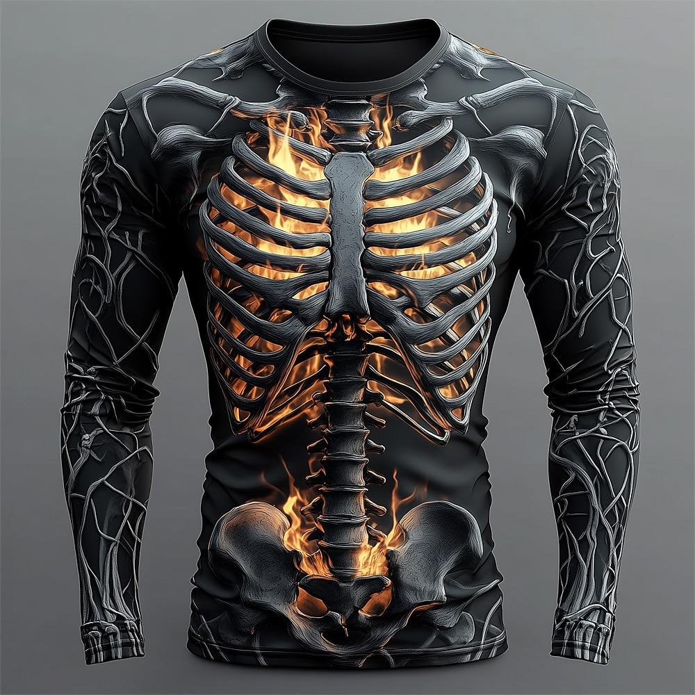 Halloween Men's Skeleton Costume T Shirt Long Sleeve T shirt 3D Print Crew Neck Shirt Fashion Exaggerated Street Casual Daily Black 1 Black 3 Black 2 Summer Spring Fall Clothing Apparel S M L XL XXL