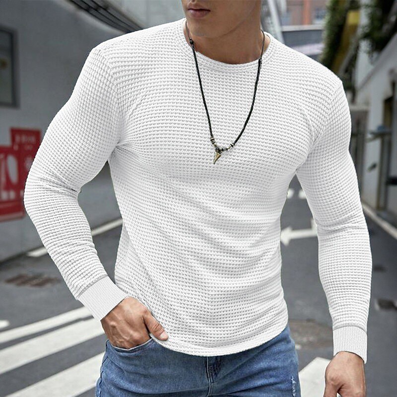Men's Basic Long Sleeve Tops Tee t-shirt Waffle Shirt Tee Plain Crew Neck