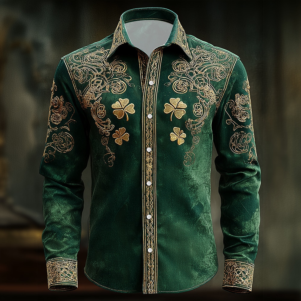 St. Patrick's Day Men's Four Leaf Clover Shamrock Celtic Art Shirt Button Up Shirt Long Sleeve Vintage Retro Holiday Spring Fall Turndown 3D Print Linen Like Shirt Green 1# Green