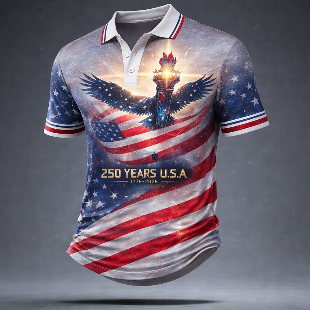 4th of July 2026 250th Men's American Flag Polo Shirts Short Sleeve Polo Shirts Lapel Casual Athleisure Daily Wear Festival Outfit 3D Print Buttons Summer Spring Blue Red Gray
