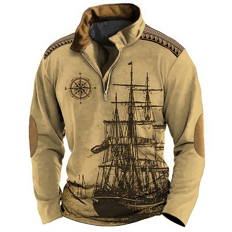 Mens Graphic Sailboat And Compass Hoodie Sweatshirt Zip Pullover Vintage