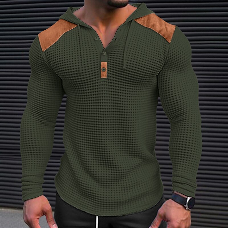 Men's Basic Waffle Henley Shirt Long Sleeve Top Color Block Hooded 