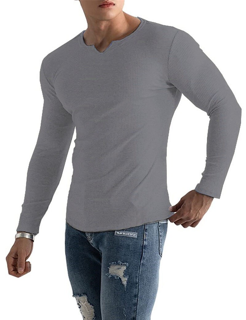 Men's Knitting Basic T-shirt Tee Top Long Sleeve Plain Pit Strip V Neck 