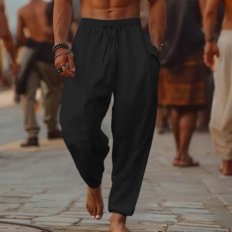Men's Linen Pants Trousers Summer Pants Baggy Pants Beach Pants Drawstring Elastic Waist Wide Leg Plain Comfort Breathable Full Length Outdoor Casual Holiday Fashion Retro Vintage Black White