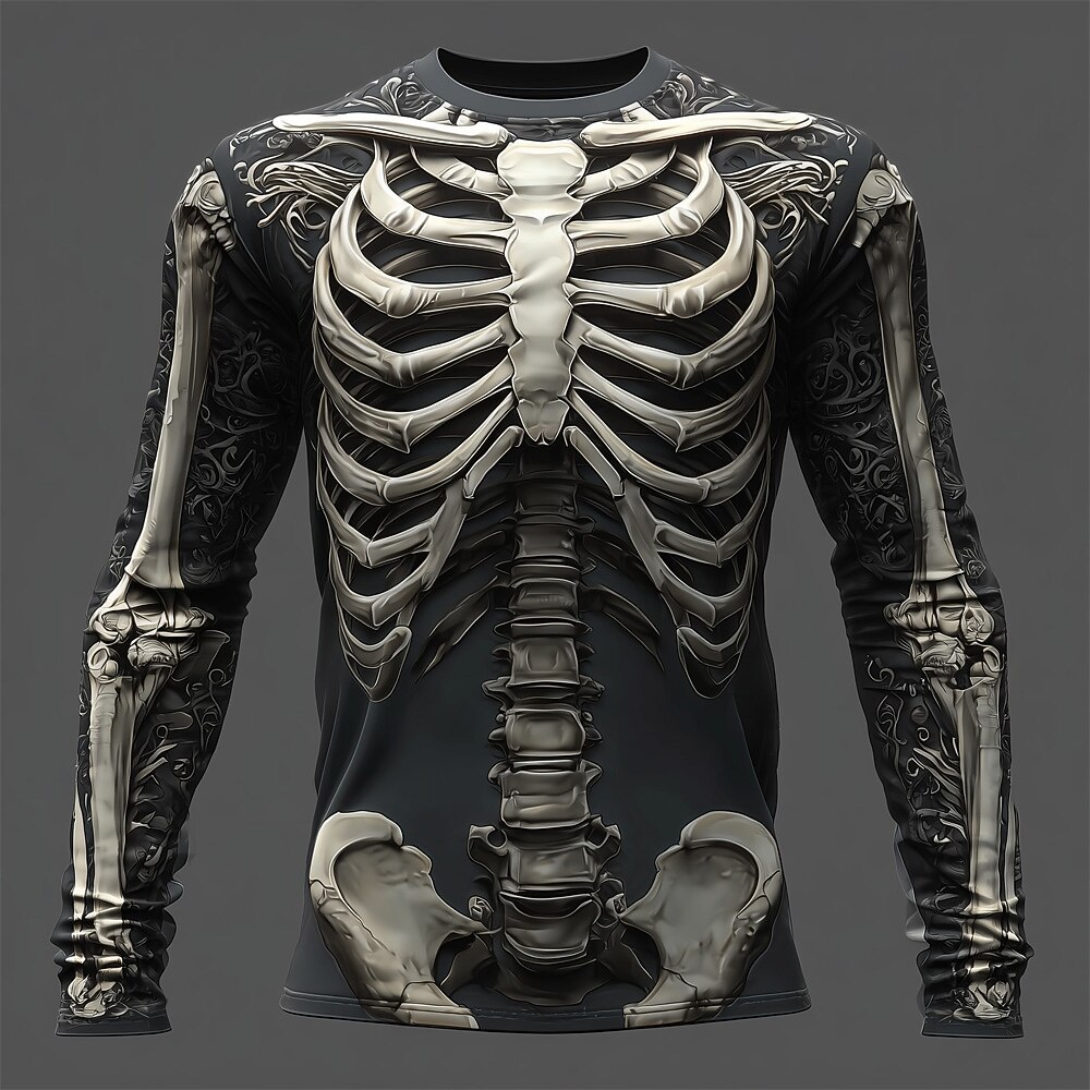Halloween Men's Skeleton Costume T Shirt Long Sleeve T shirt 3D Print Crew Neck Shirt Fashion Exaggerated Street Casual Daily Black 1 Black 3 Black 2 Summer Spring Fall Clothing Apparel S M L XL XXL