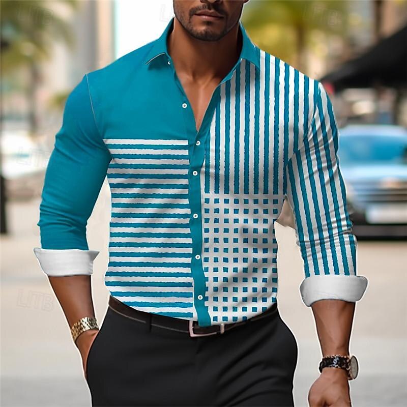 Stripe Men's Business Casual 3D Printed Shirt Outdoor Wear to work Daily Wear Spring & Summer Turndown Long Sleeve Blue Purple Light Blue S M L 4-Way Stretch Fabric Shirt
