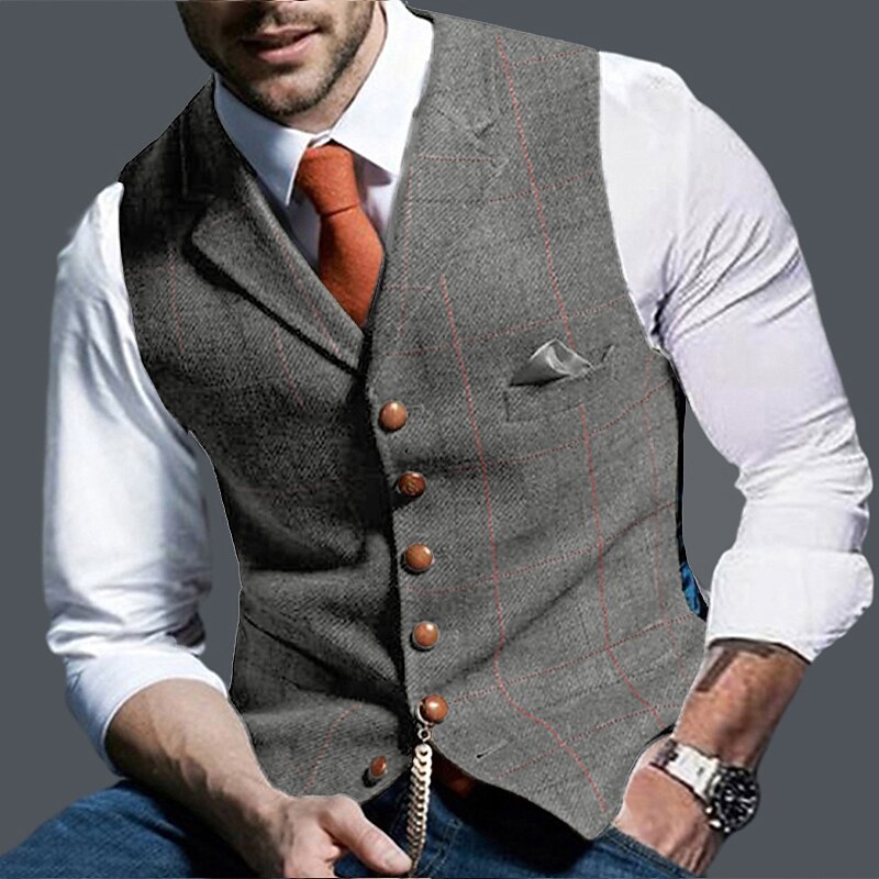 Men's Vest Tweed Vest Waistcoat Vintage Fashion Spring &  Fall Buttons Wool Blend Comfortable Plain Single Breasted V Neck Regular Fit Deep Green Navy Dark Gray Light Grey Vest