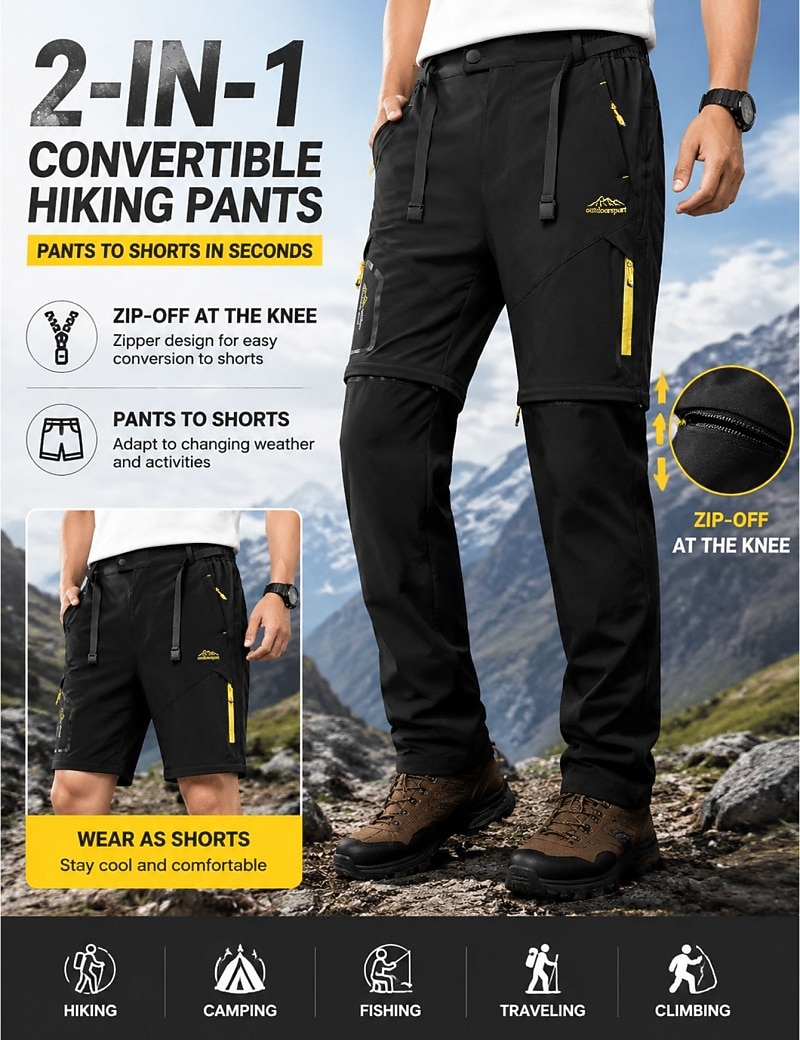 Men's Trousers Tactical Pants Casual Pants Hiking Pants Outdoor Pants Pocket Convertible Solid Color Waterproof Quick Dry Daily Outdoor Holiday Streetwear Stylish Khaki Black Inelastic