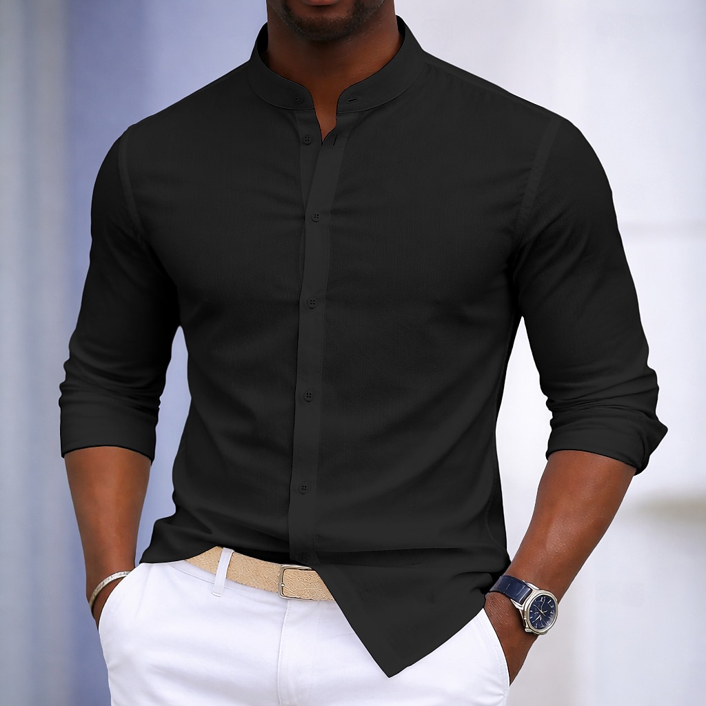 Men's Shirt Dress Shirt Button Up Shirt 100% Cotton Plain Daily Business Light Blue Black White Army Green Long Sleeve Grandad Collar All Seasons Clothing Apparel