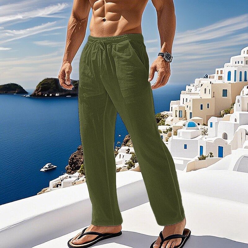 Men's Trousers Summer Pants Beach Pants Drawstring Pocket Elastic Waist Plain Comfort Breathable Daily Beach Vacation Hawaiian Boho Blue ArmyGreen
