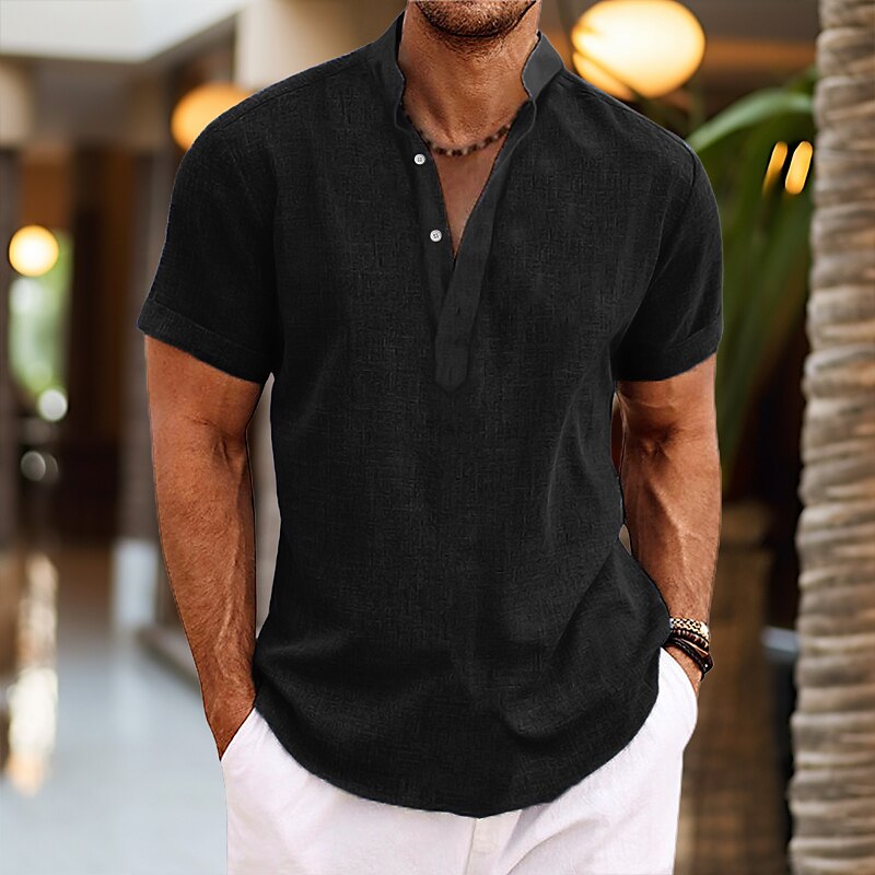 Men's Shirt Linen Shirt Popover Shirt Summer Shirt Beach Shirt Black White Pink Short Sleeve Plain Henley Summer Casual Daily Clothing Apparel