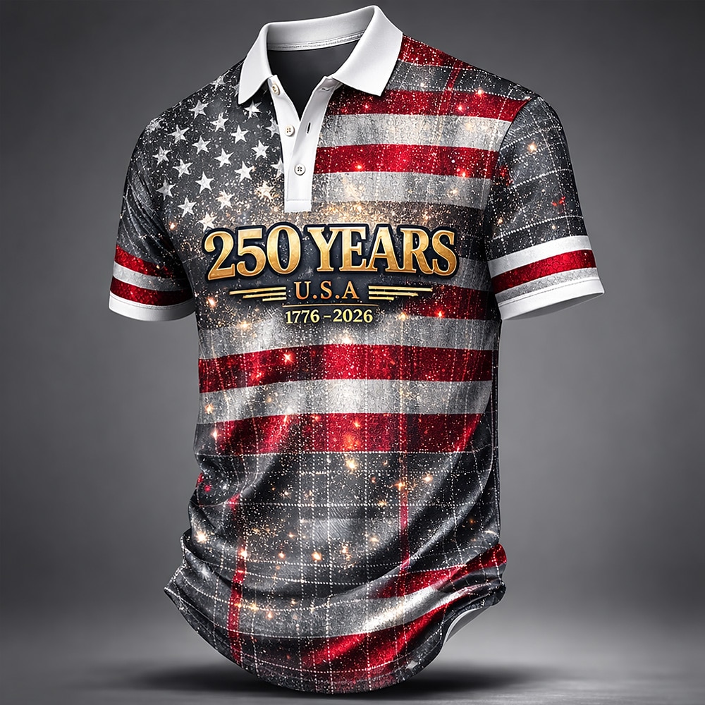 4th of July 2026 250th Men's American US Flag Polo Shirts Short Sleeve Polo Shirts Lapel Casual Athleisure Daily Wear Festival Outfit 3D Print Buttons Spring & Summer Blue Red Gray