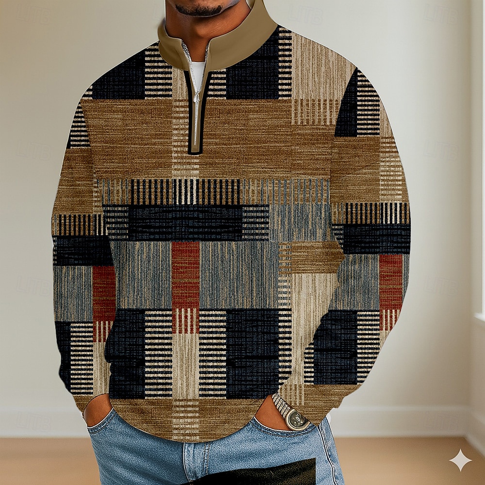 Men's Color Block Geometic Polo Long Sleeve Standing Collar Athleisure Vacation Athleisure Casual Daily 3D Print Spring Fall Blue Purple Brown