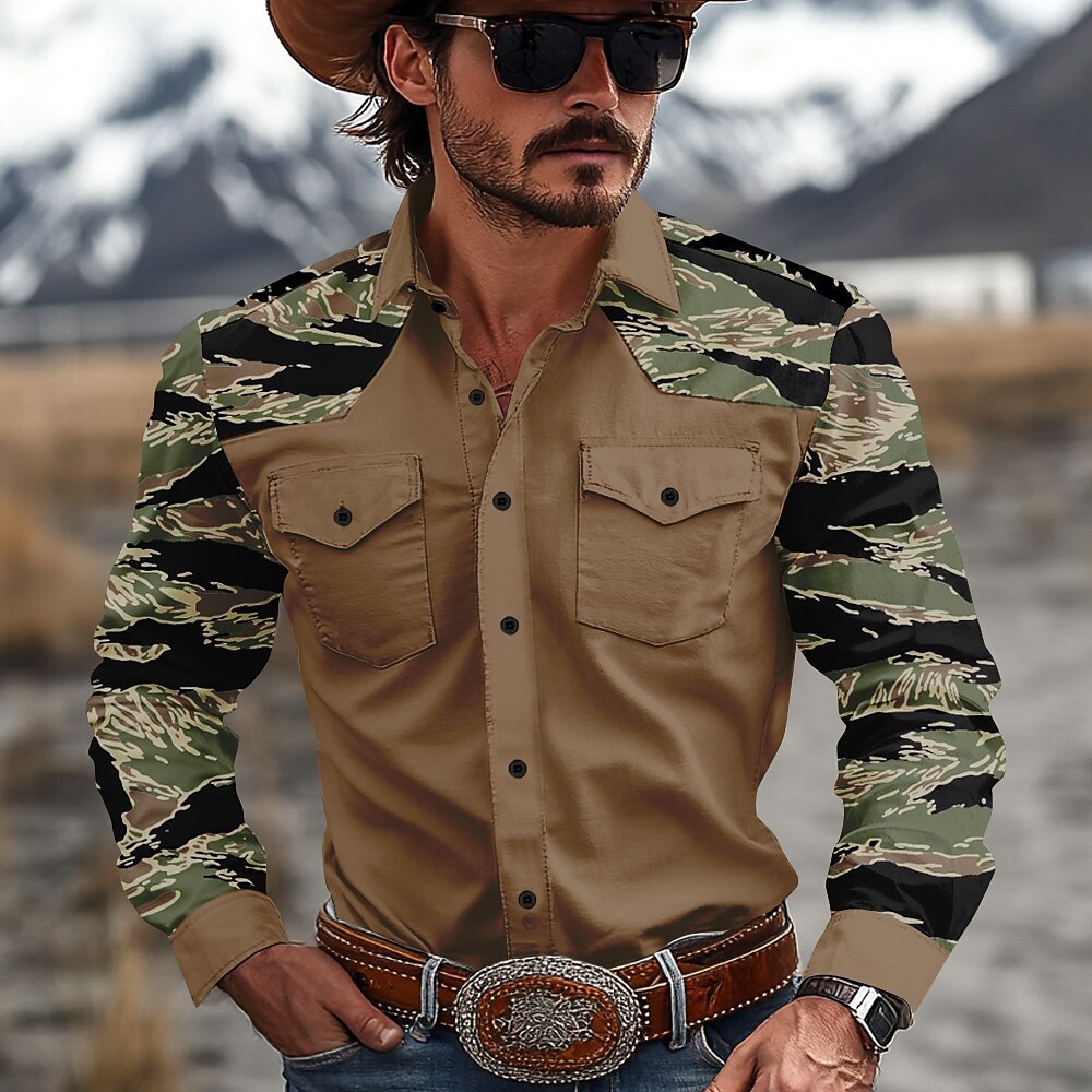 Men's Camo Camouflage Western Shirt Cowboy Shirt Long Sleeve Western Casual Outdoor Spring Fall Turndown 2 Pockets Black Brown Green Khaki